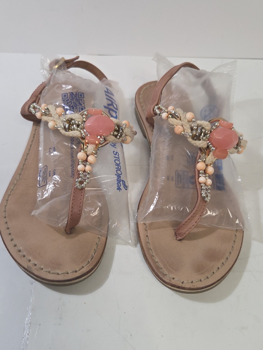 Beaded Pink T-Strap Sandals with Gem Accents